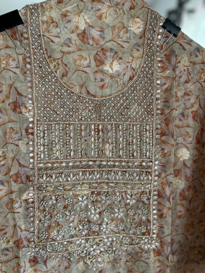Light Olive Organza Hand Embroidered Salwar Suit