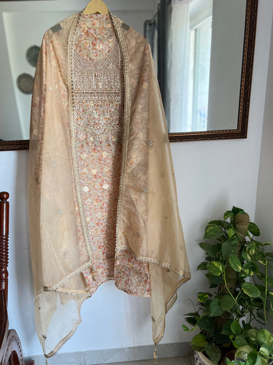 Light Olive Organza Hand Embroidered Salwar Suit