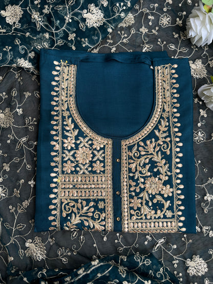 Teal Russian Silk Gota Pita Salwar Suit