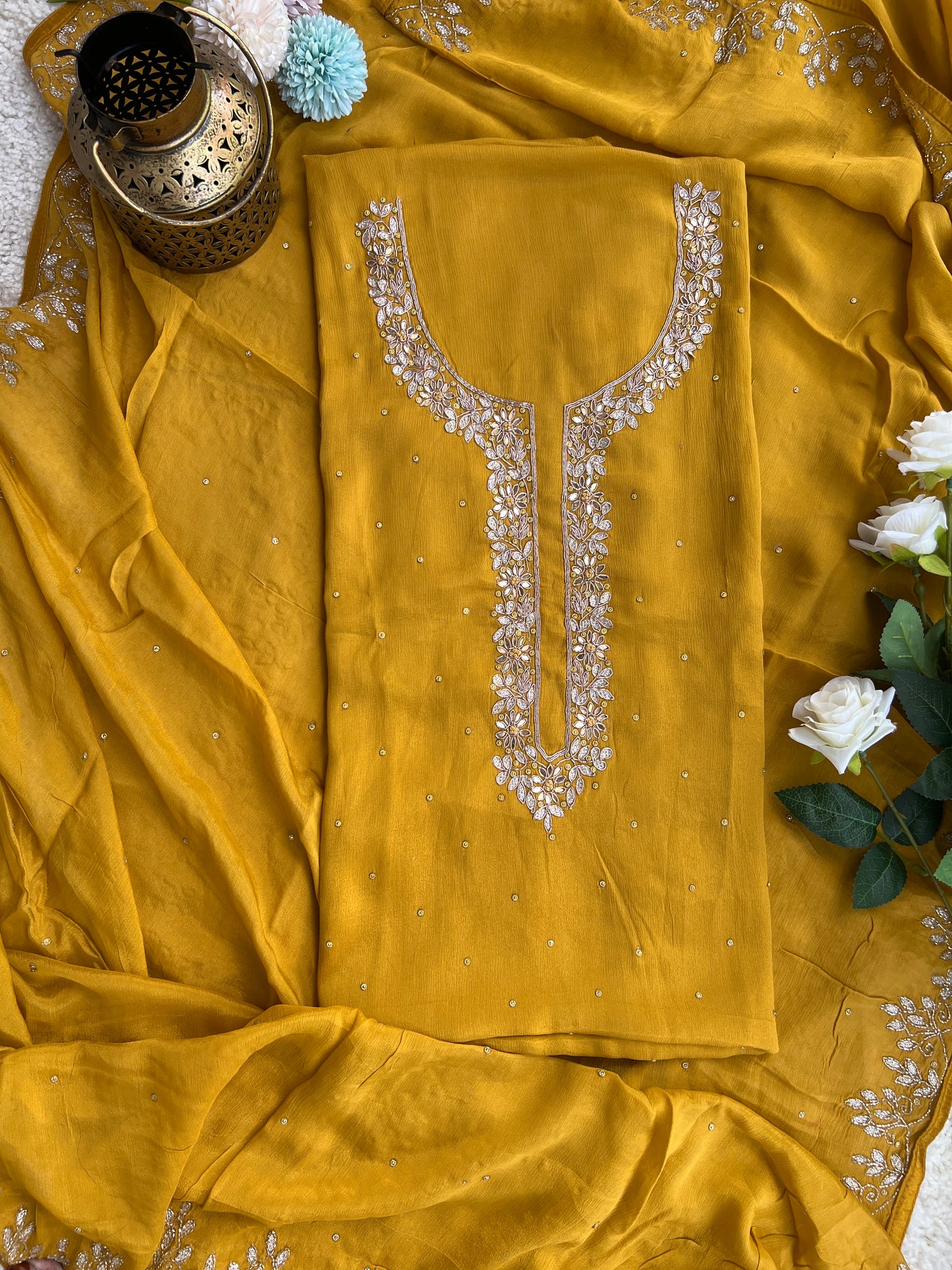 Yellow Chinnon Kalkatta Handwork