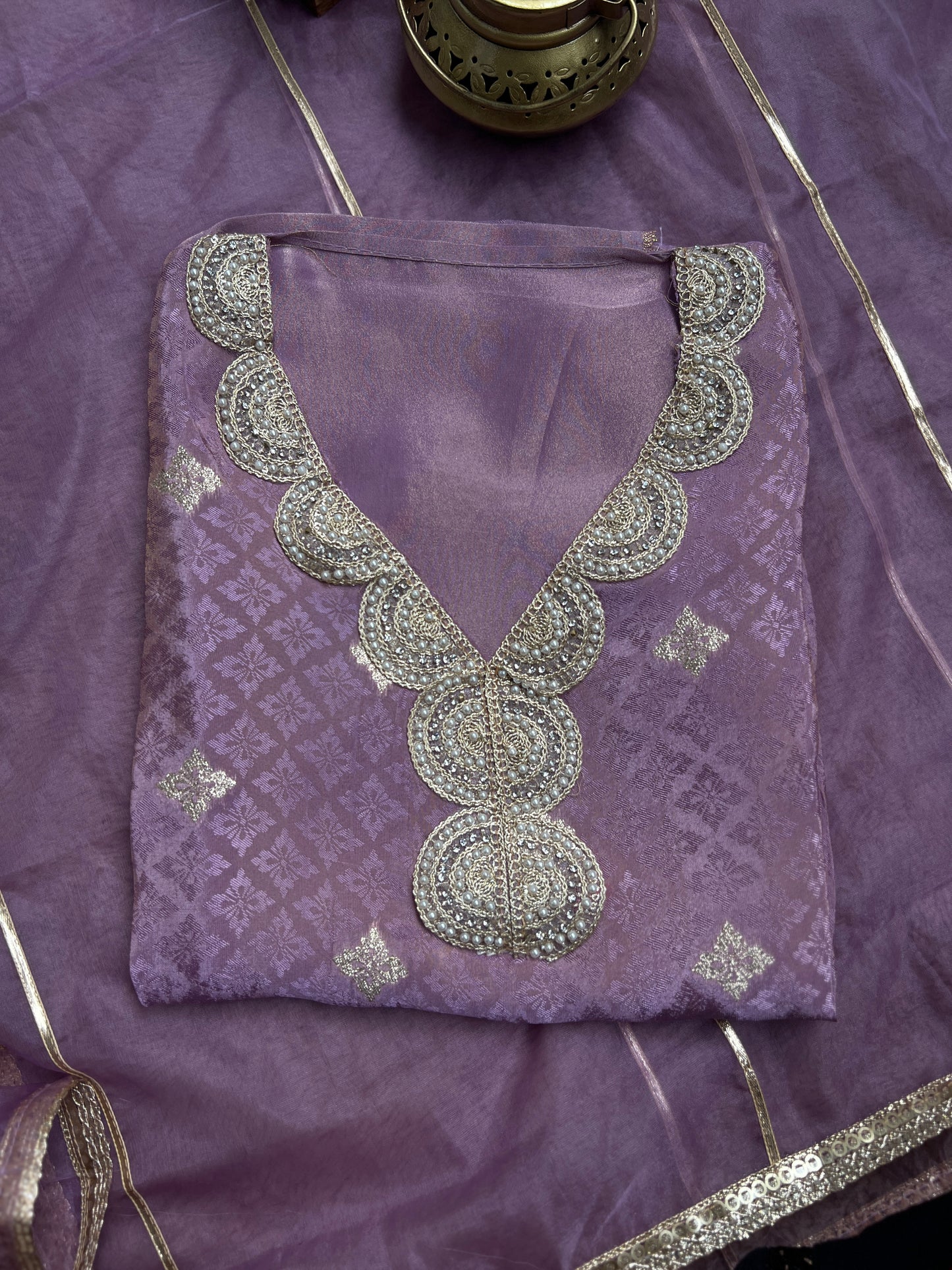 Shimmering Silk Top with Exquisite Lace & Gota Detailing