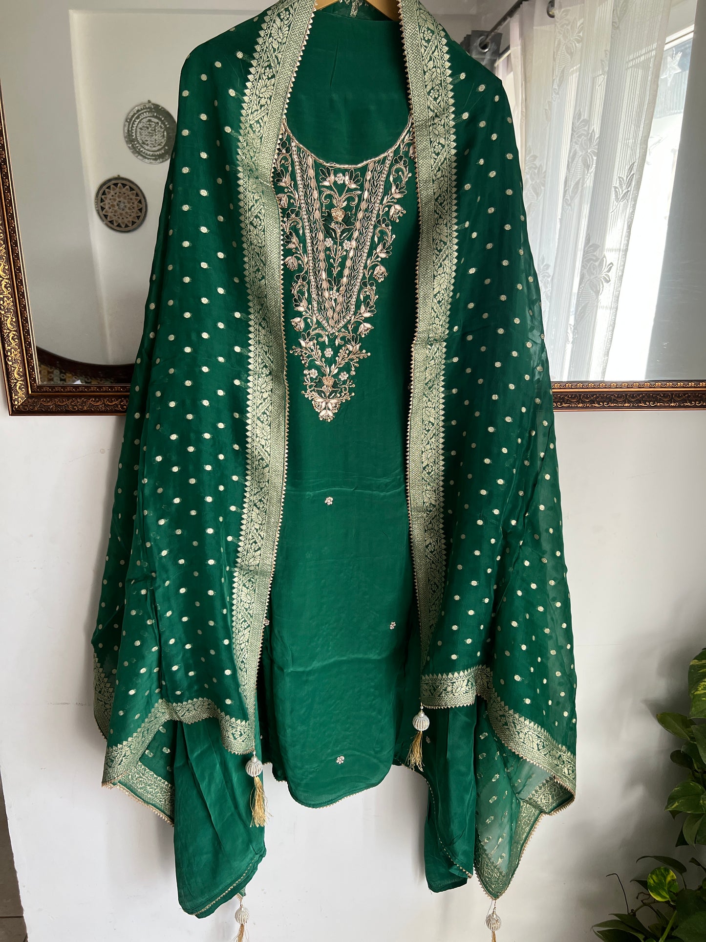 Emerald Green Russian crepe Hand Embroidered Suit