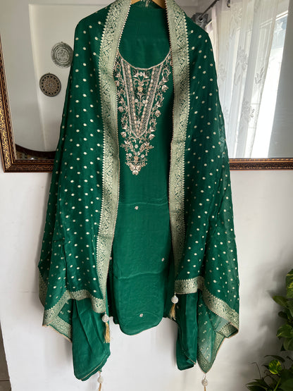 Emerald Green Russian crepe Hand Embroidered Suit