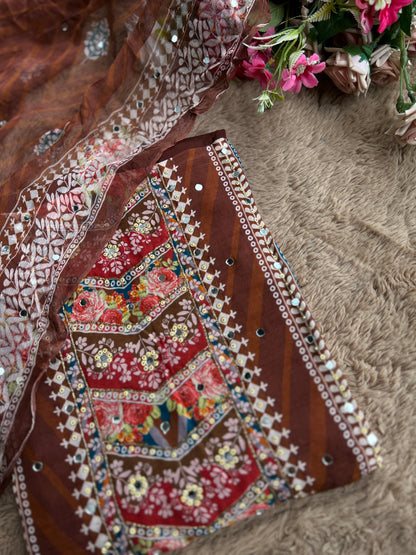 Rich Mocha Silk with Vibrant Mirror & Floral Embroidery