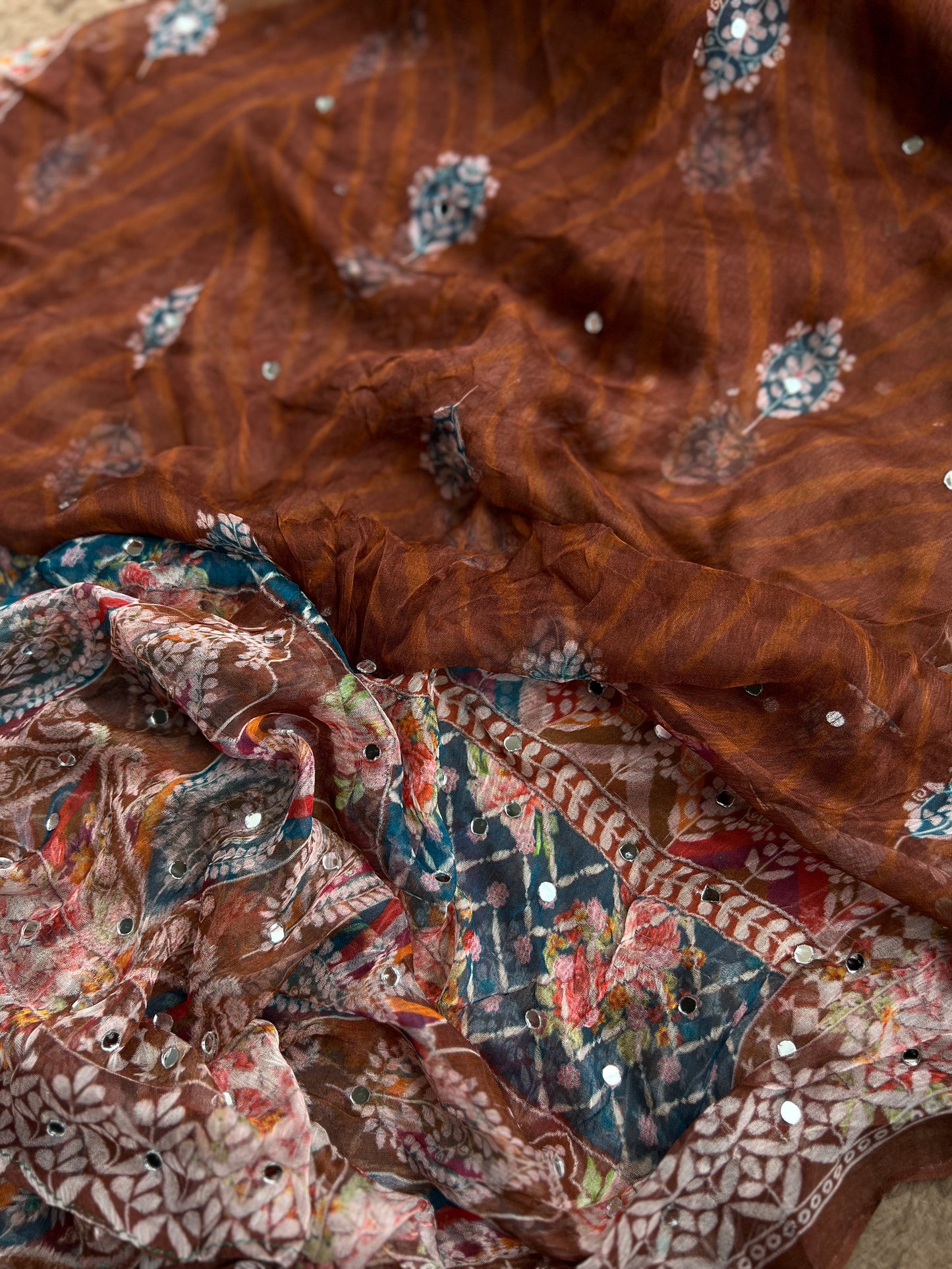 Rich Mocha Silk with Vibrant Mirror & Floral Embroidery