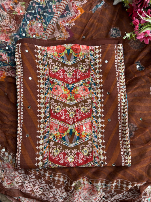 Rich Mocha Silk with Vibrant Mirror & Floral Embroidery