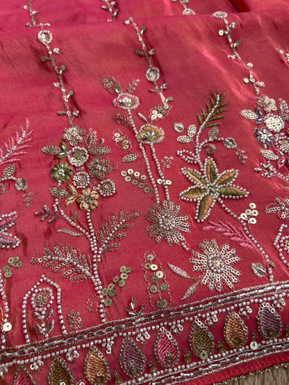 Shimmering Silk Elegance with Beaded Pearl Accents