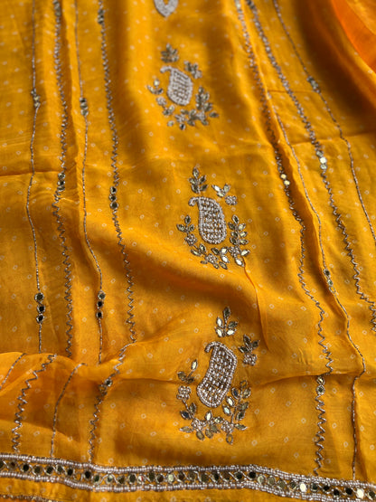 Yellow Georgette Organza with Mirror & Pearl