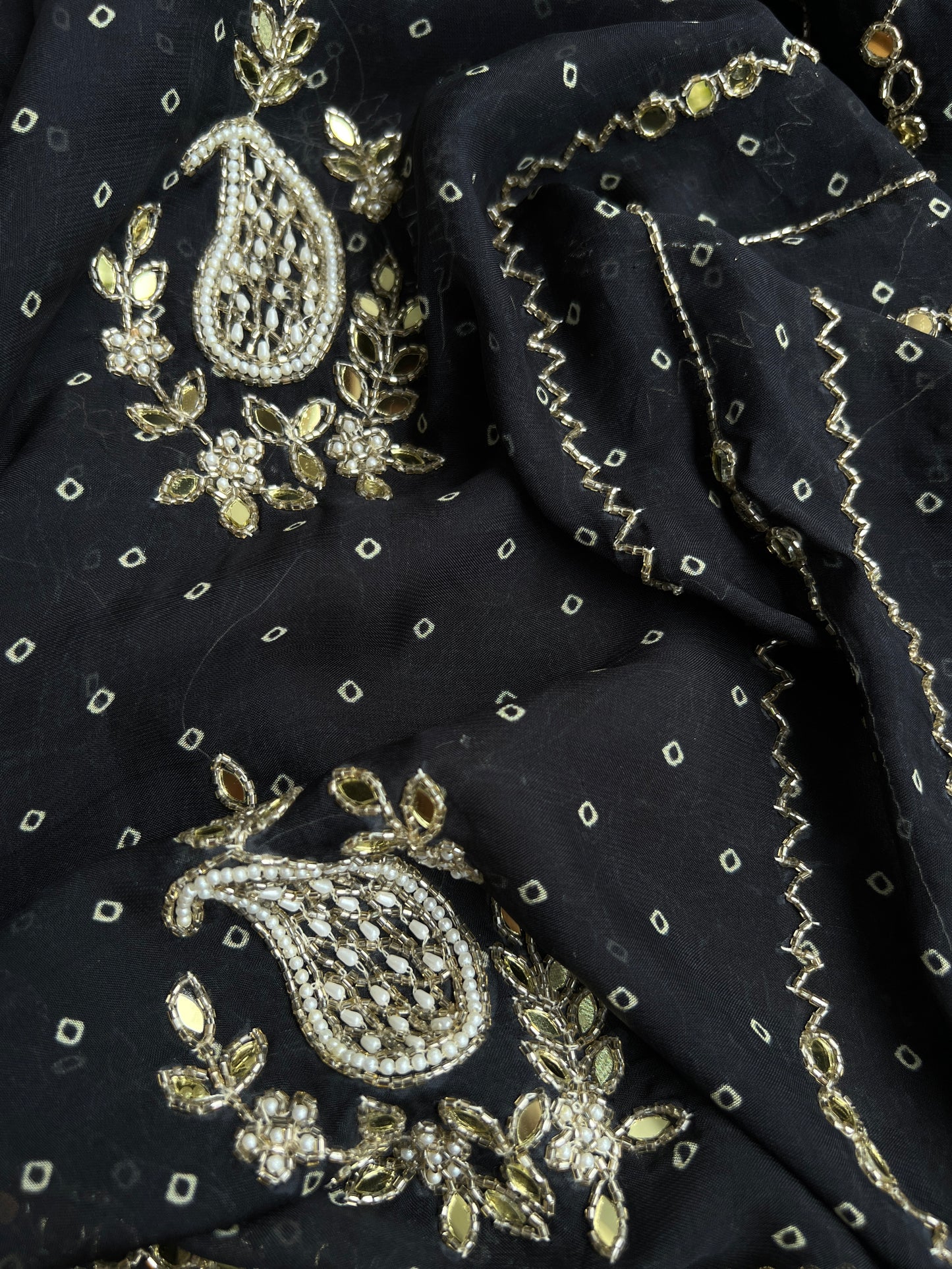Black Georgette Organza with Mirror & Pearl Detailing