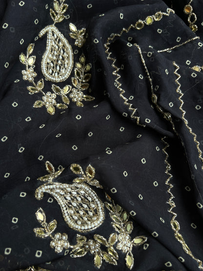 Black Georgette Organza with Mirror & Pearl Detailing