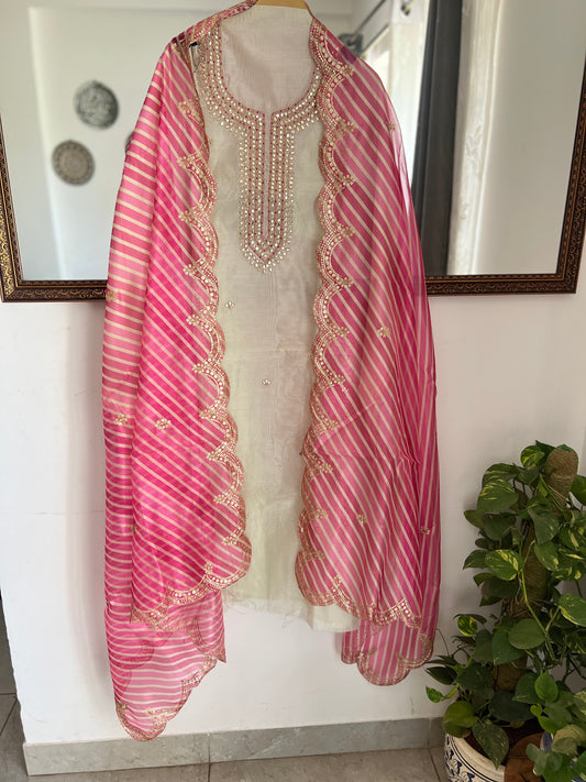 Handcrafted Gotawork Suit Set with Embroidered Laheriya Dupatta