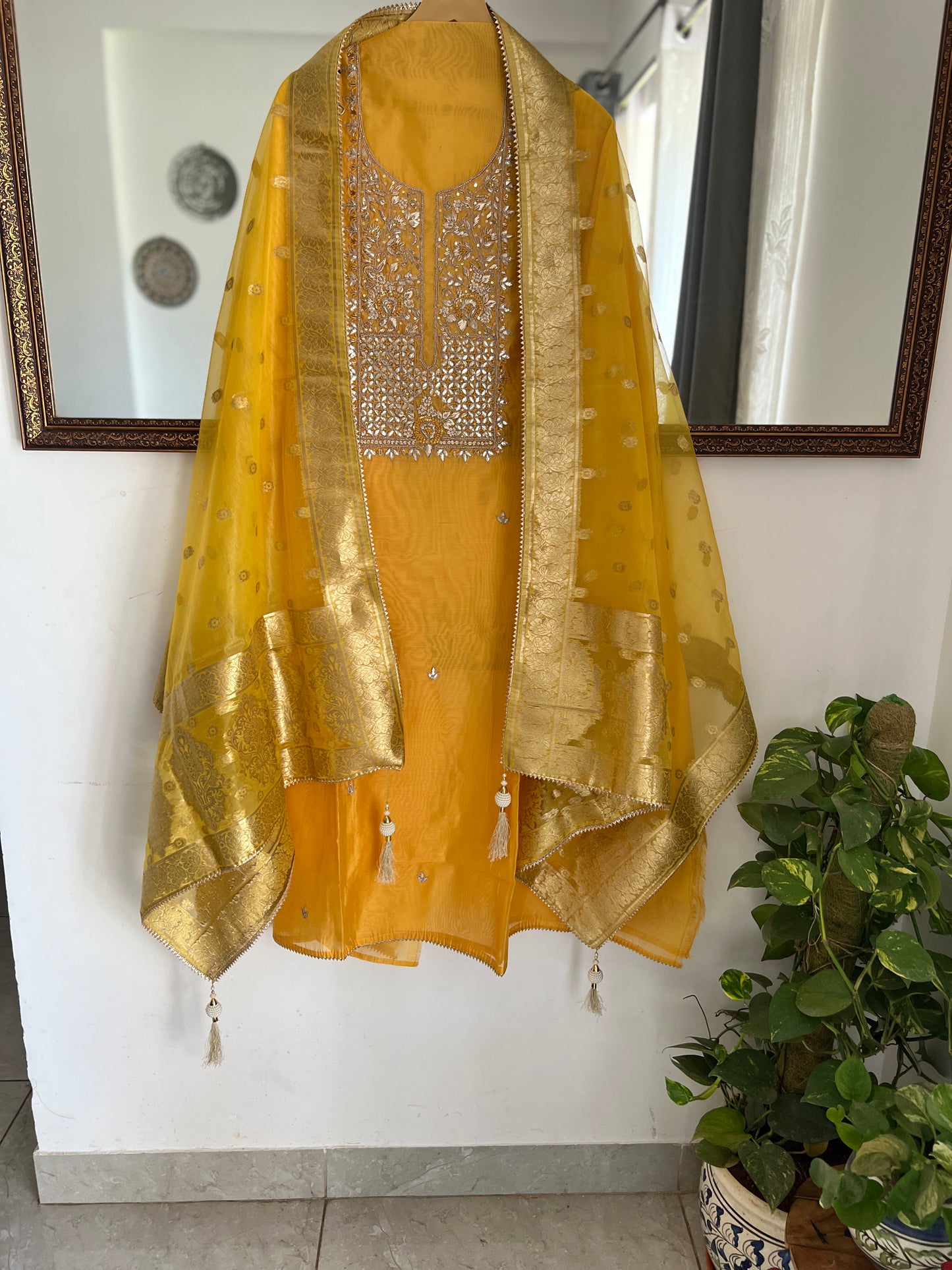 Yellow Chanderi Silk Handwork Suit