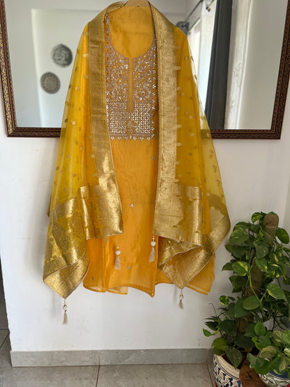 Yellow Chanderi Silk Handwork Suit