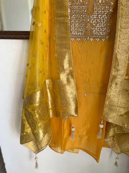 Yellow Chanderi Silk Handwork Suit