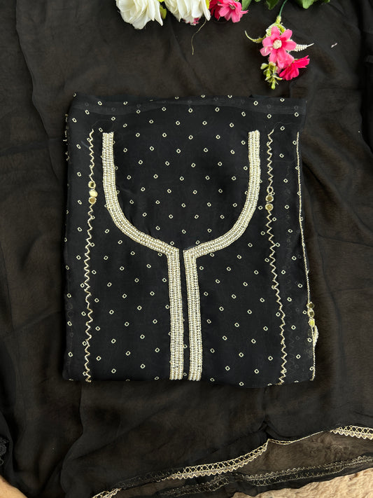 Black Georgette Organza with Mirror & Pearl Detailing