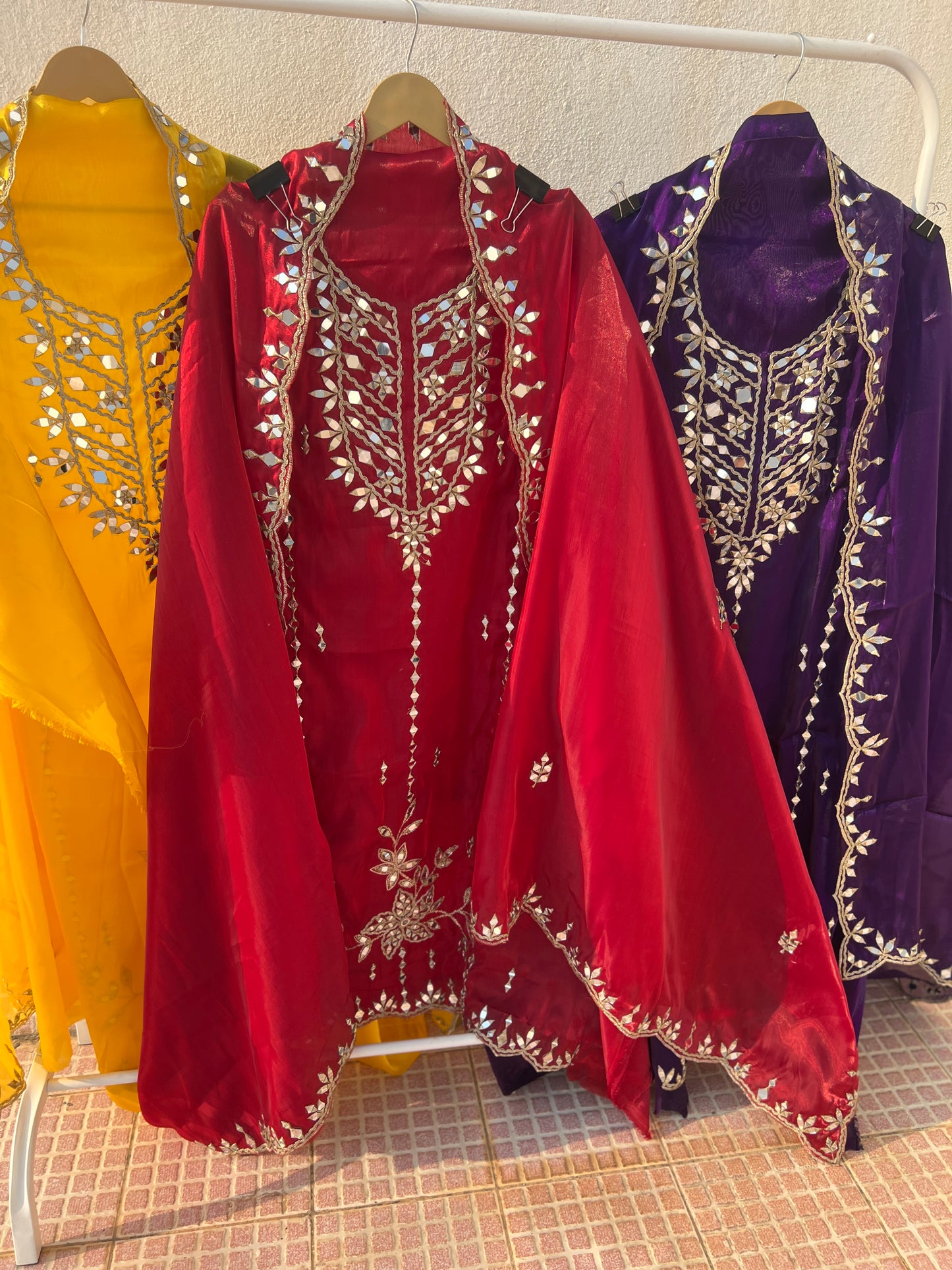 Elegant Satin Shimmer Silk Ensemble with Golden Zari & Real Mirrors