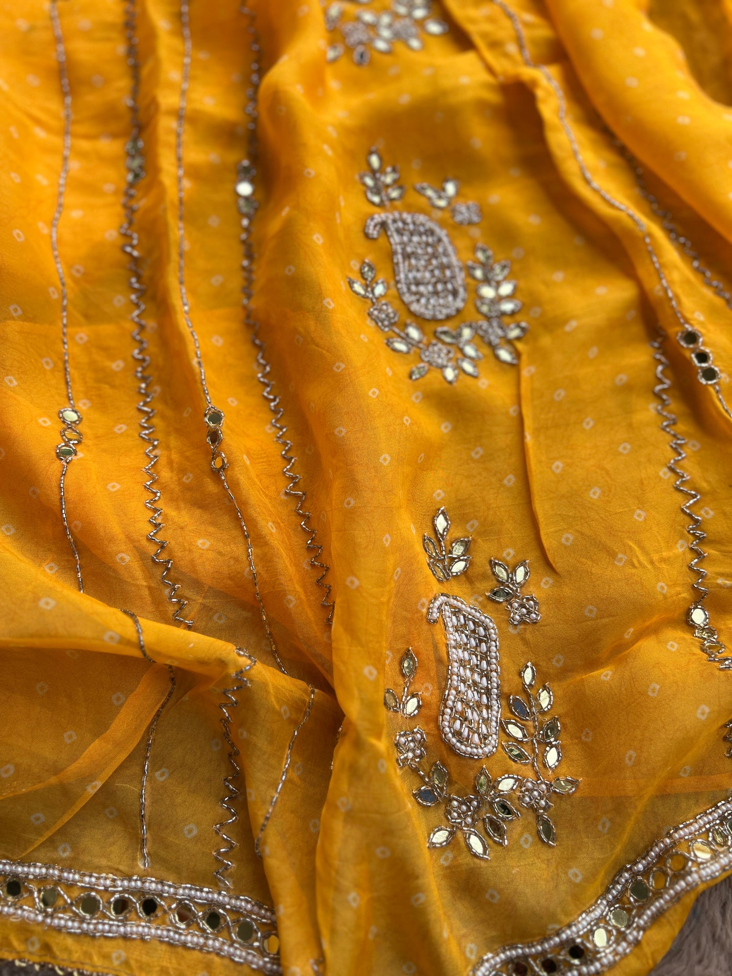Yellow Georgette Organza with Mirror & Pearl