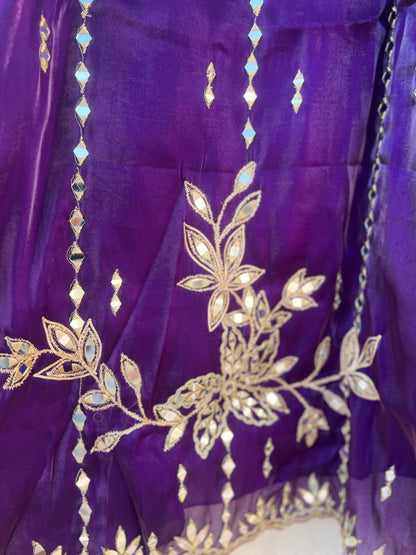 Elegant Satin Shimmer Silk Ensemble with Golden Zari & Real Mirrors