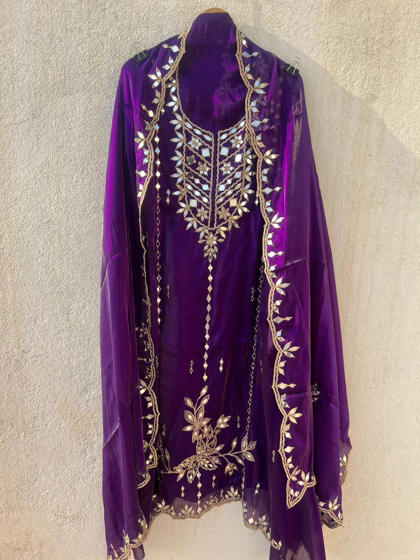 Elegant Satin Shimmer Silk Ensemble with Golden Zari & Real Mirrors