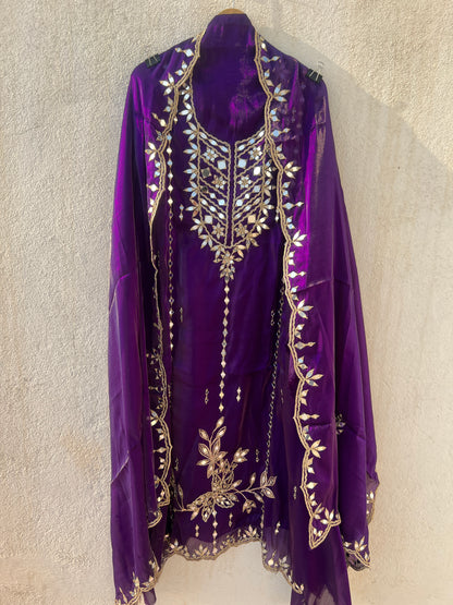 Elegant Satin Shimmer Silk Ensemble with Golden Zari & Real Mirrors