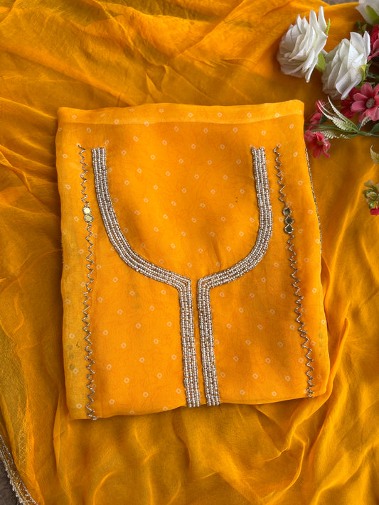 Yellow Georgette Organza with Mirror & Pearl