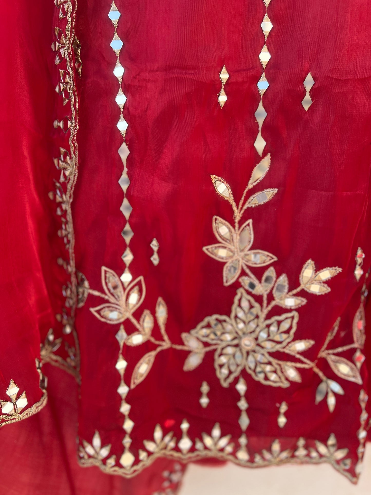 Elegant Satin Shimmer Silk Ensemble with Golden Zari & Real Mirrors