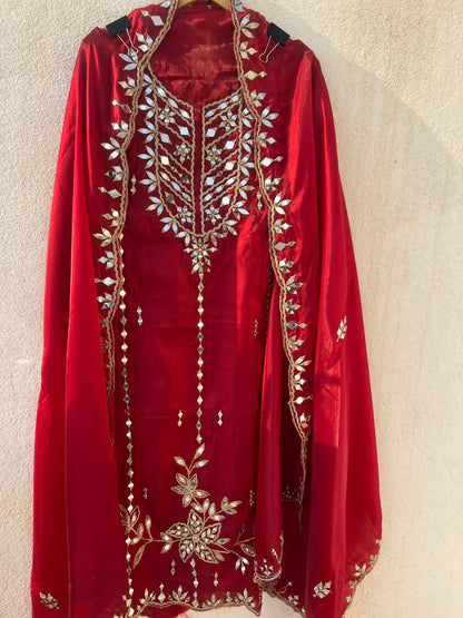 Elegant Satin Shimmer Silk Ensemble with Golden Zari & Real Mirrors