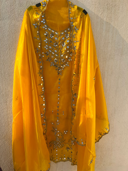 Elegant Satin Shimmer Silk Ensemble with Golden Zari & Real Mirrors