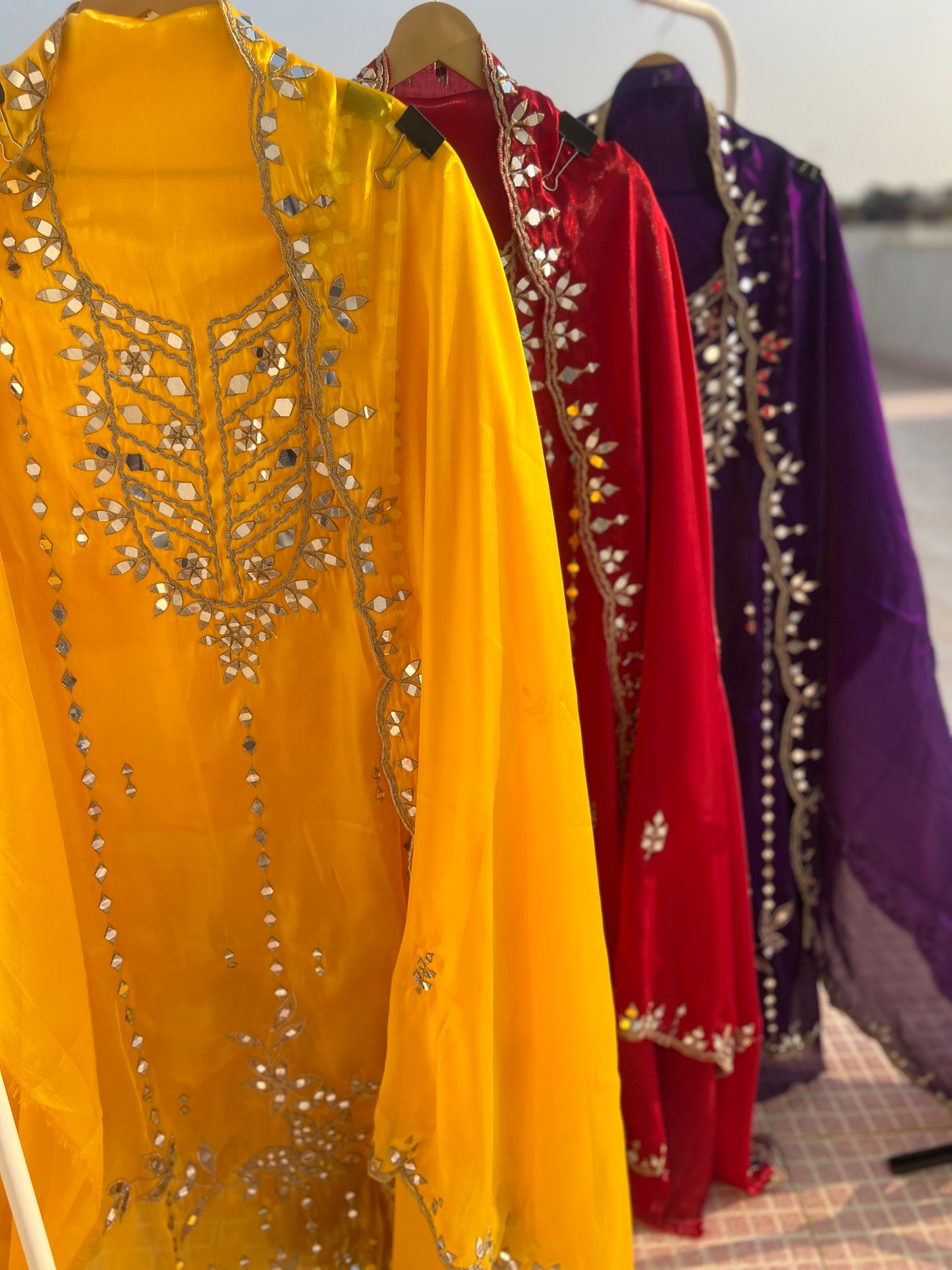 Elegant Satin Shimmer Silk Ensemble with Golden Zari & Real Mirrors