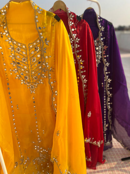 Elegant Satin Shimmer Silk Ensemble with Golden Zari & Real Mirrors