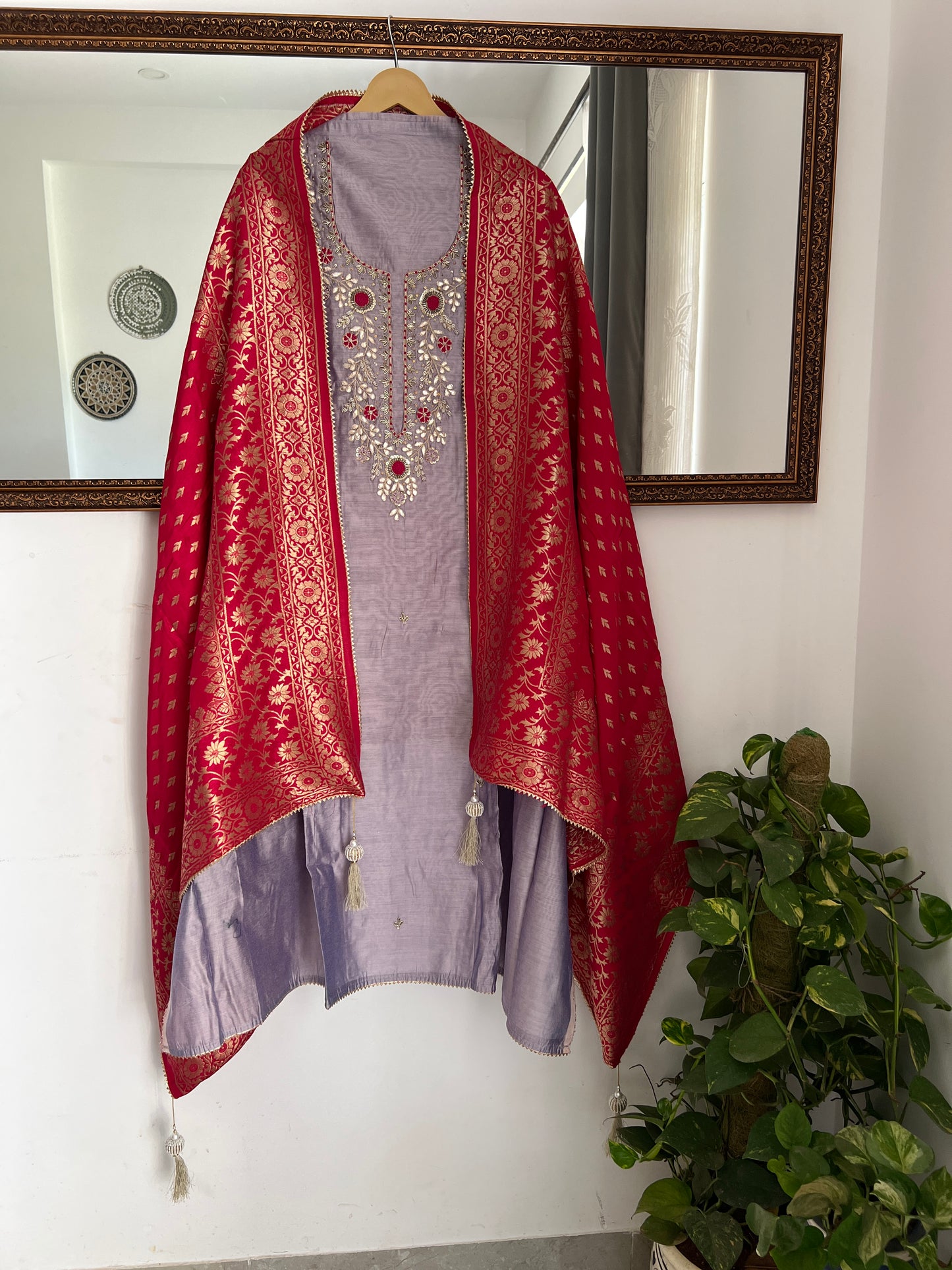 Lavendar Rani Silk Suit with Exquisite Hand Embroidery & Banarasi Char (Copy)