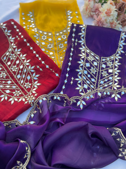 Elegant Satin Shimmer Silk Ensemble with Golden Zari & Real Mirrors