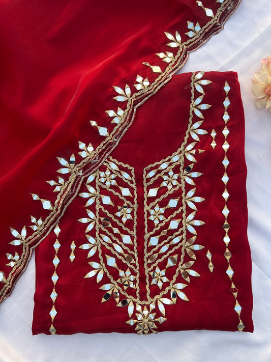 Elegant Satin Shimmer Silk Ensemble with Golden Zari & Real Mirrors