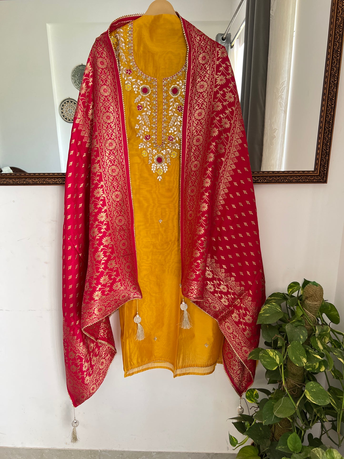 Royal Yellow–Rani Silk Suit with Exquisite Hand Embroidery & Banarasi Char