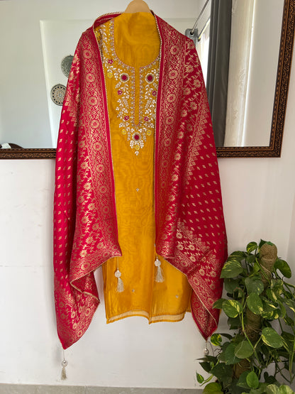 Royal Yellow–Rani Silk Suit with Exquisite Hand Embroidery & Banarasi Char