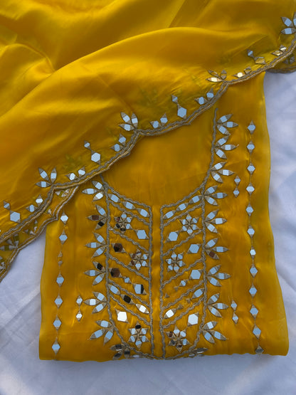 Elegant Satin Shimmer Silk Ensemble with Golden Zari & Real Mirrors