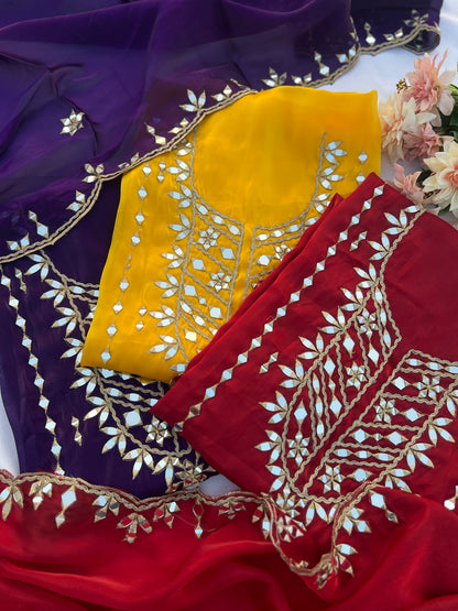 Elegant Satin Shimmer Silk Ensemble with Golden Zari & Real Mirrors