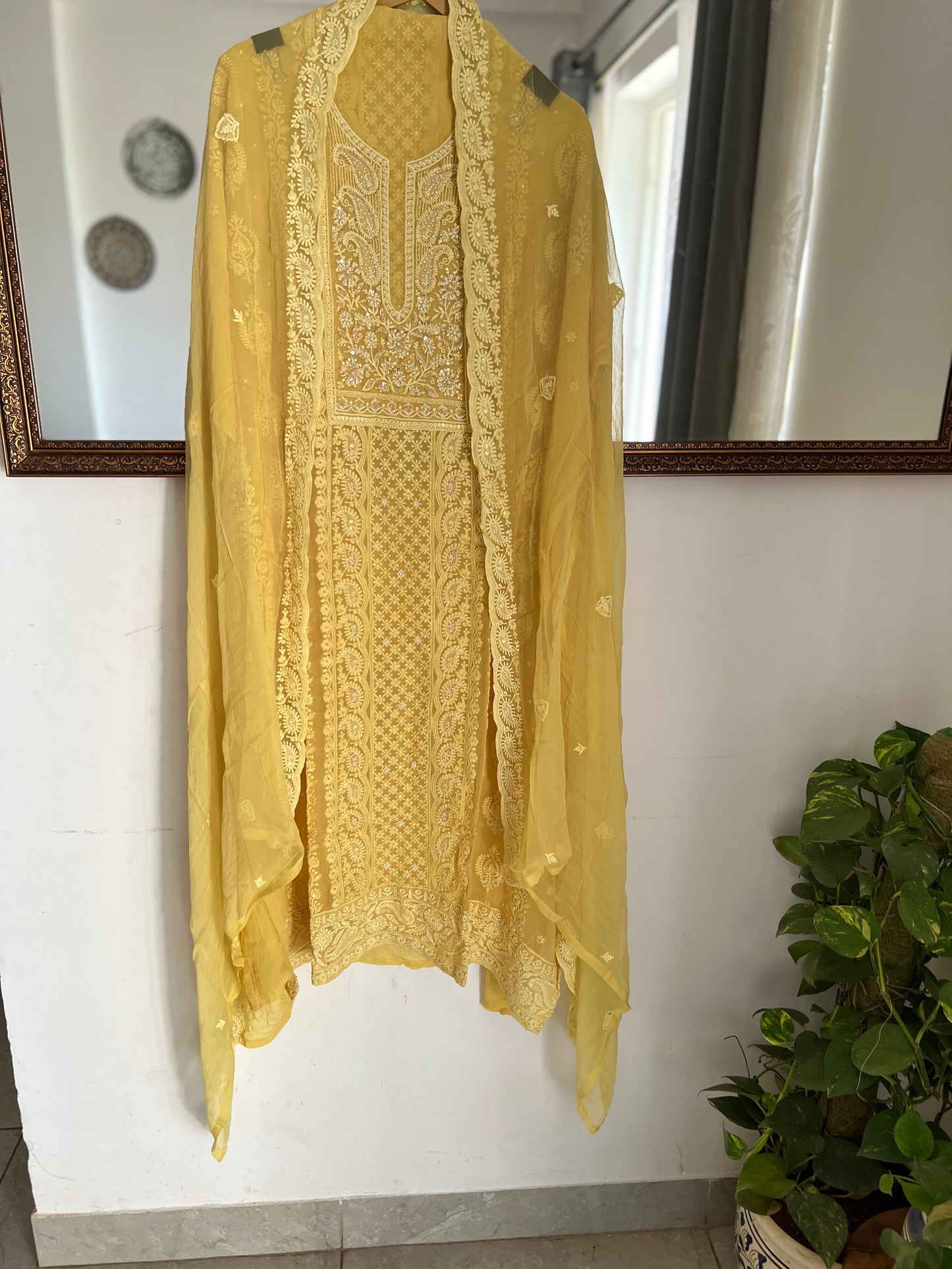 Mustard Yellow Pure Georgette Chikankari  Suit Set