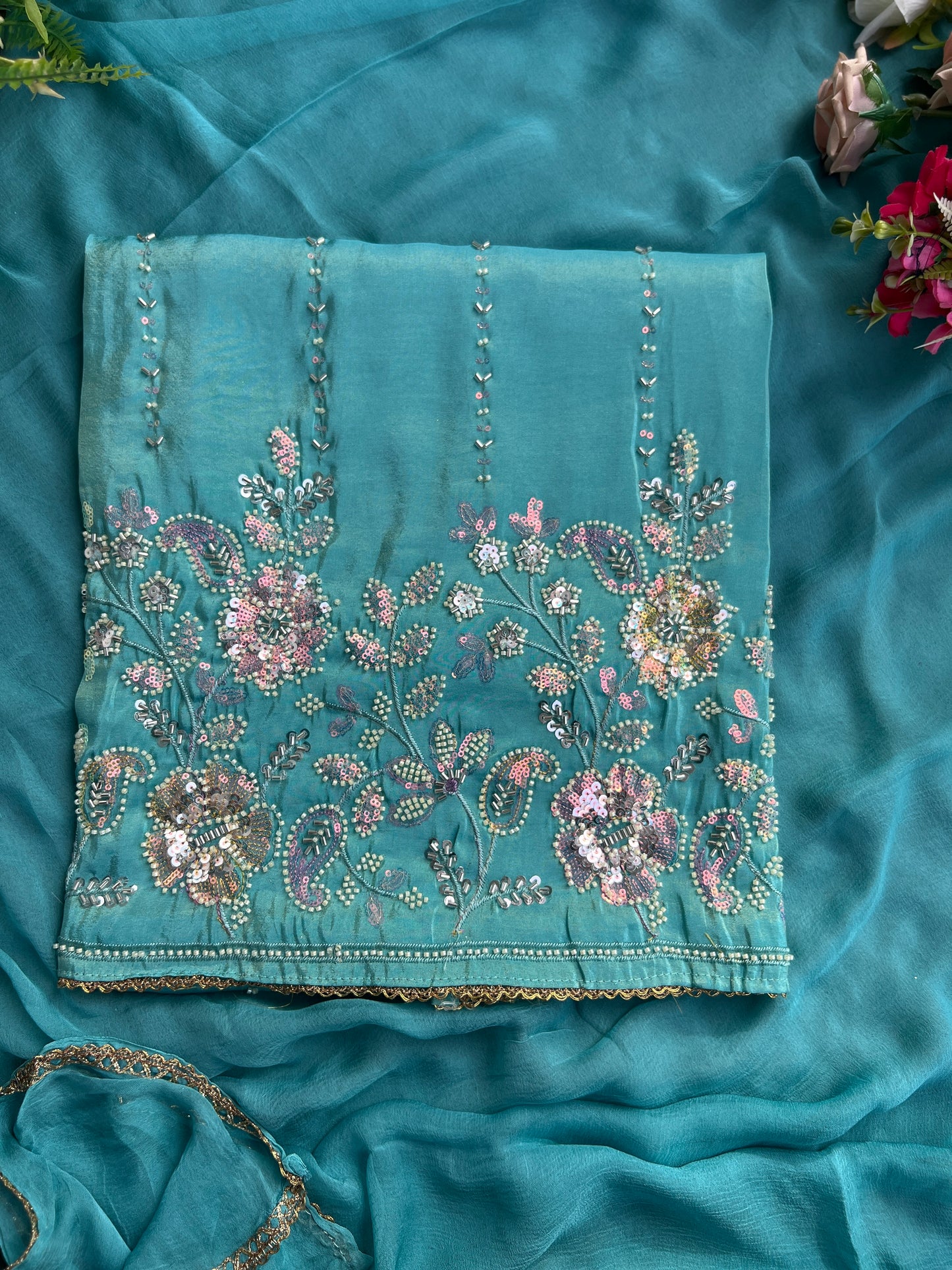 Shimmering Silk Elegance with Beaded Pearl Detailing