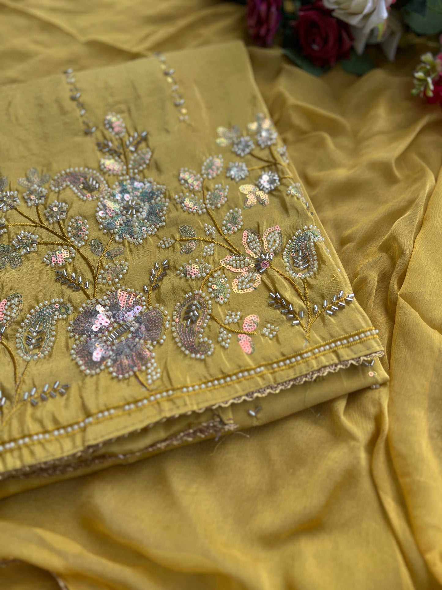 Shimmering Silk Elegance with Beaded Pearl Detailing