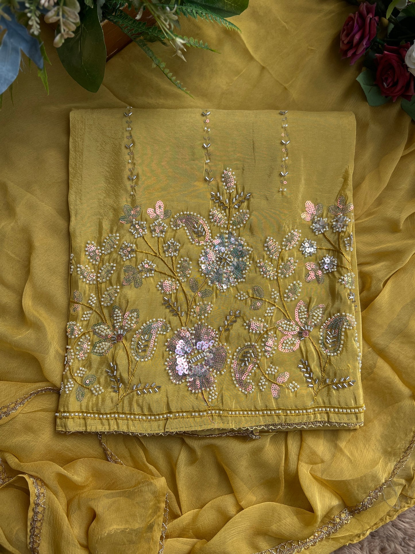 Shimmering Silk Elegance with Beaded Pearl Detailing