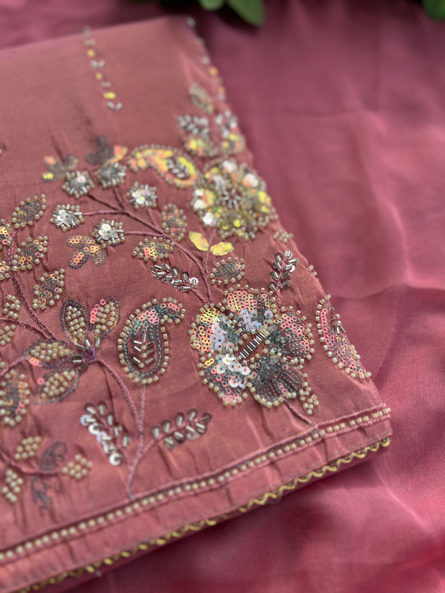 Shimmering Silk Elegance with Beaded Pearl Detailing