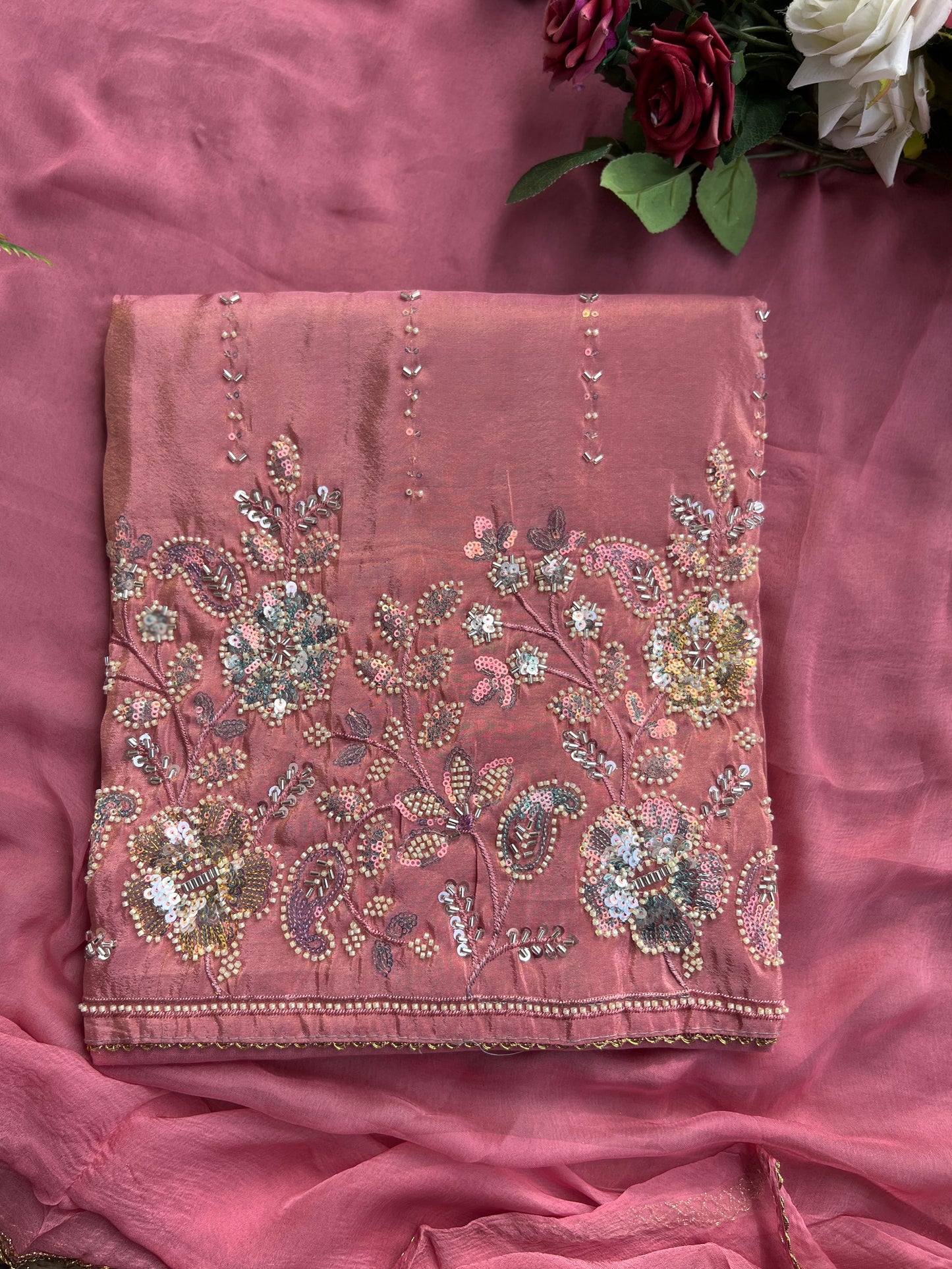 Shimmering Silk Elegance with Beaded Pearl Detailing