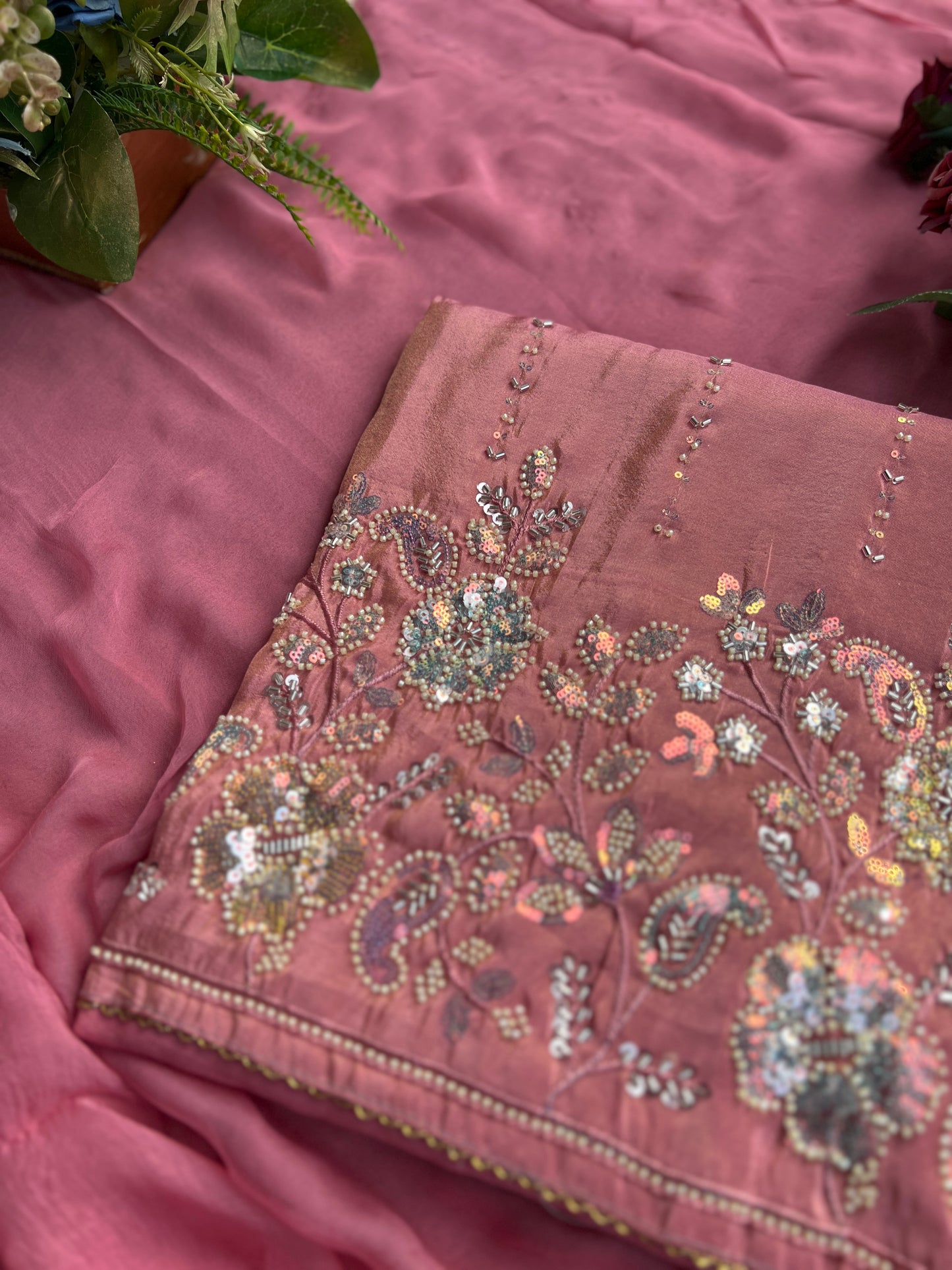 Shimmering Silk Elegance with Beaded Pearl Detailing