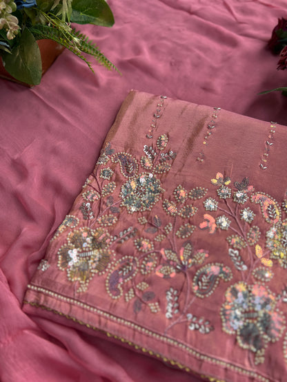 Shimmering Silk Elegance with Beaded Pearl Detailing