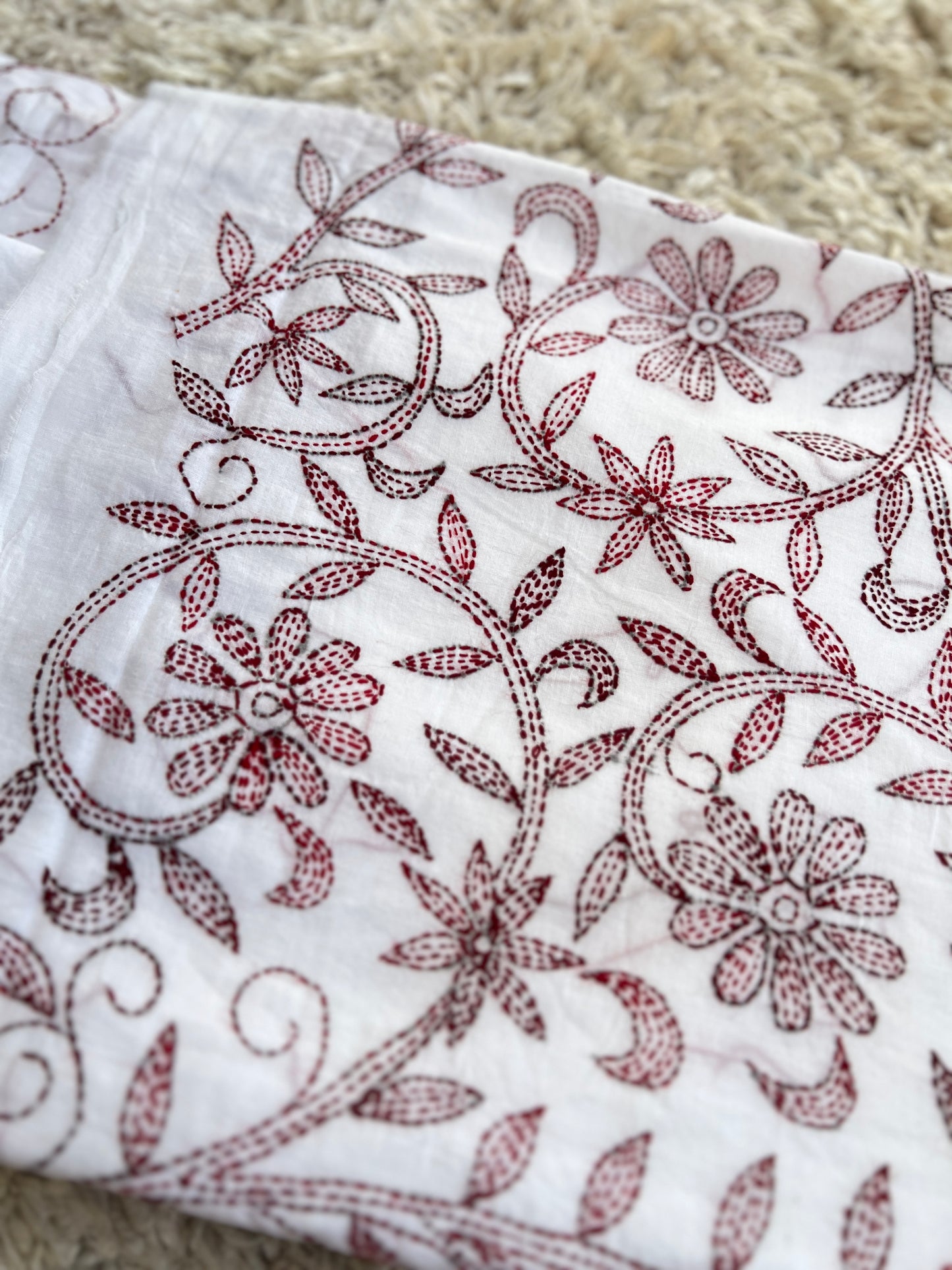 White Maroon Pure Cotton Kathiyawadi Embroidered Suit