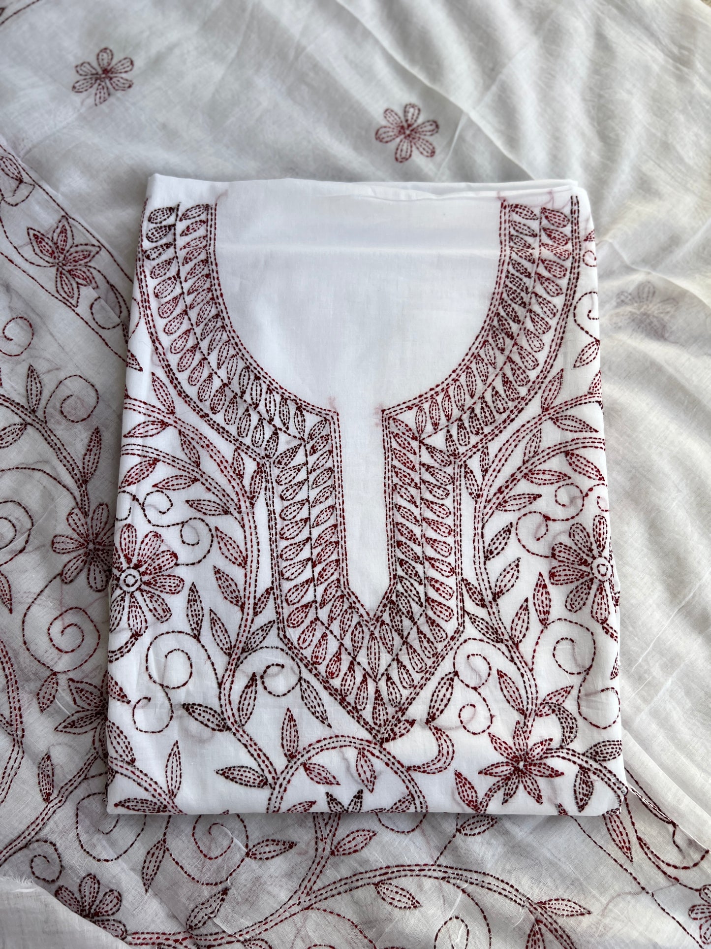 White Maroon Pure Cotton Kathiyawadi Embroidered Suit