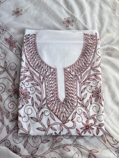 White Maroon Pure Cotton Kathiyawadi Embroidered Suit