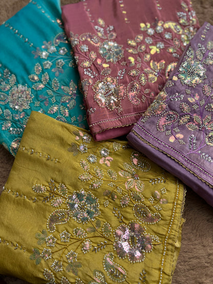 Shimmering Silk Elegance with Beaded Pearl Detailing
