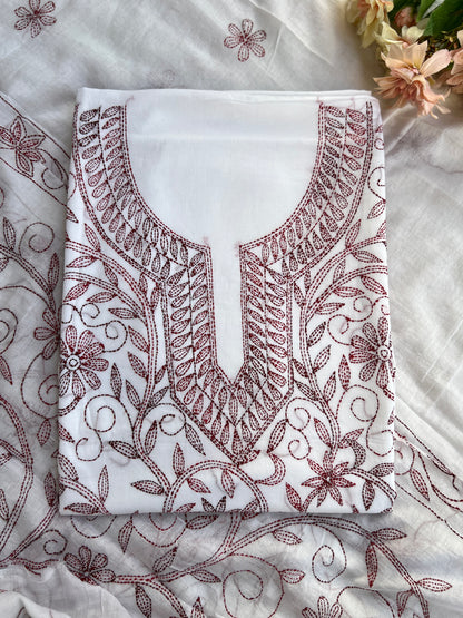 White Maroon Pure Cotton Kathiyawadi Embroidered Suit